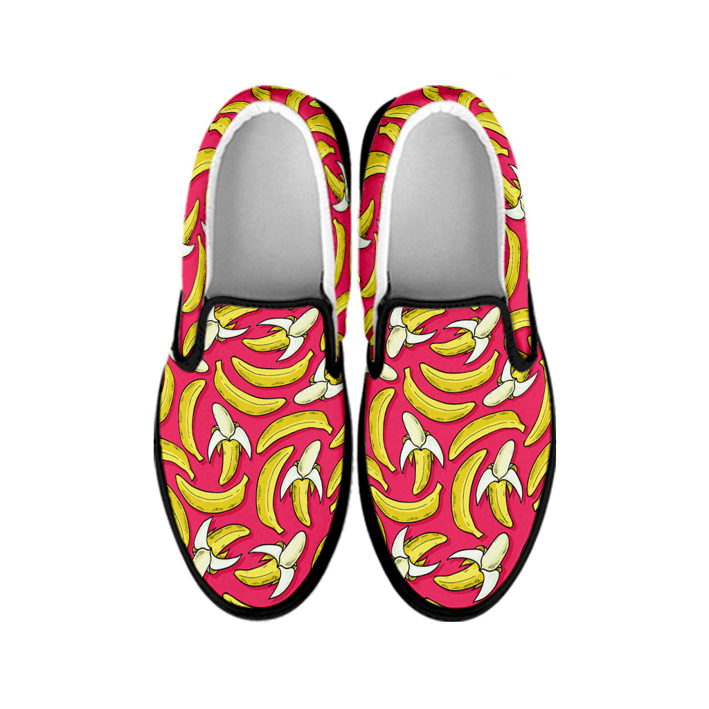 Pink Cartoon Banana Pattern Print Black Slip On Shoes