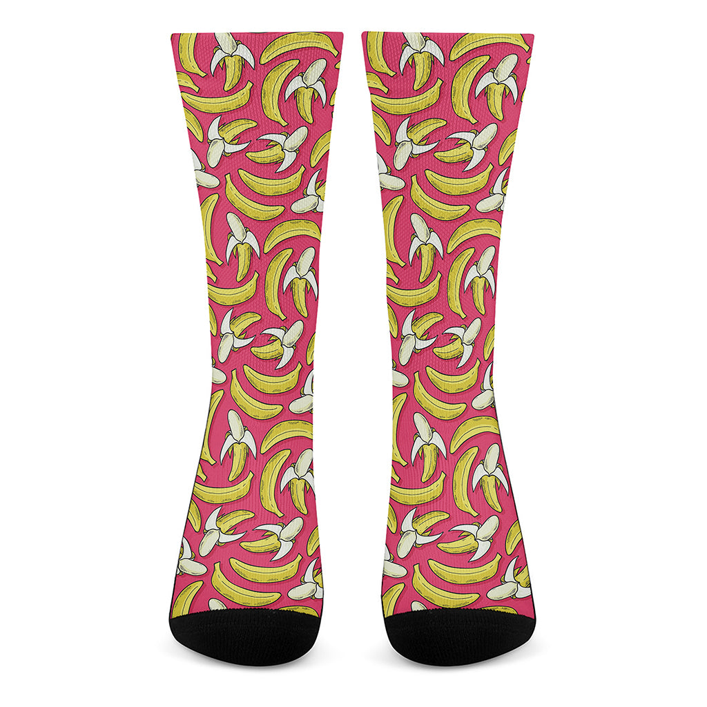 Pink Cartoon Banana Pattern Print Crew Socks