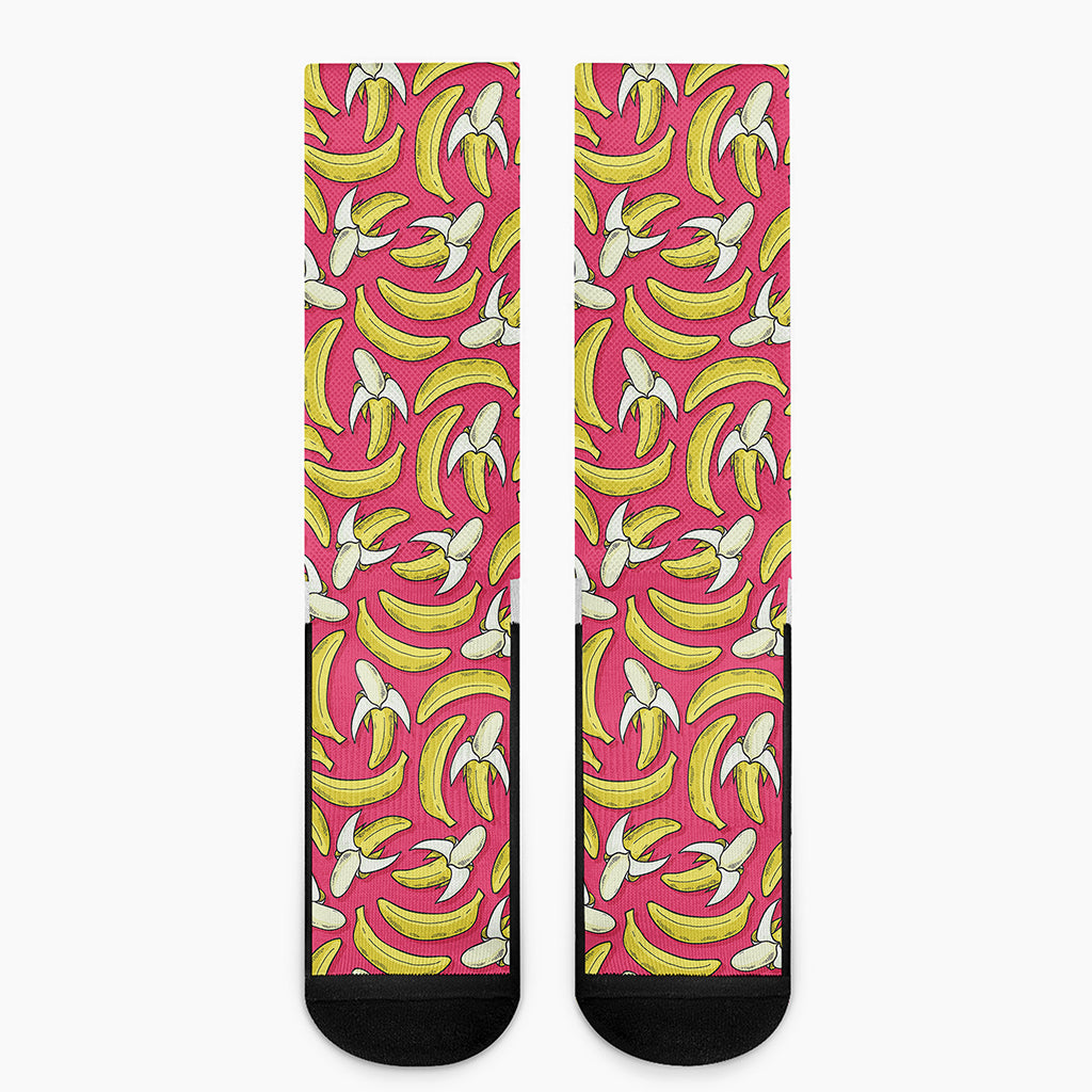 Pink Cartoon Banana Pattern Print Crew Socks