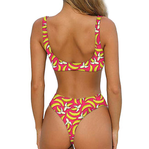 Pink Cartoon Banana Pattern Print Front Bow Tie Bikini