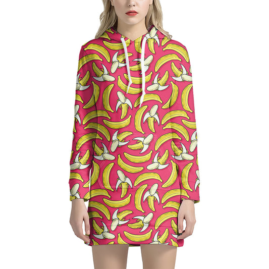 Pink Cartoon Banana Pattern Print Hoodie Dress