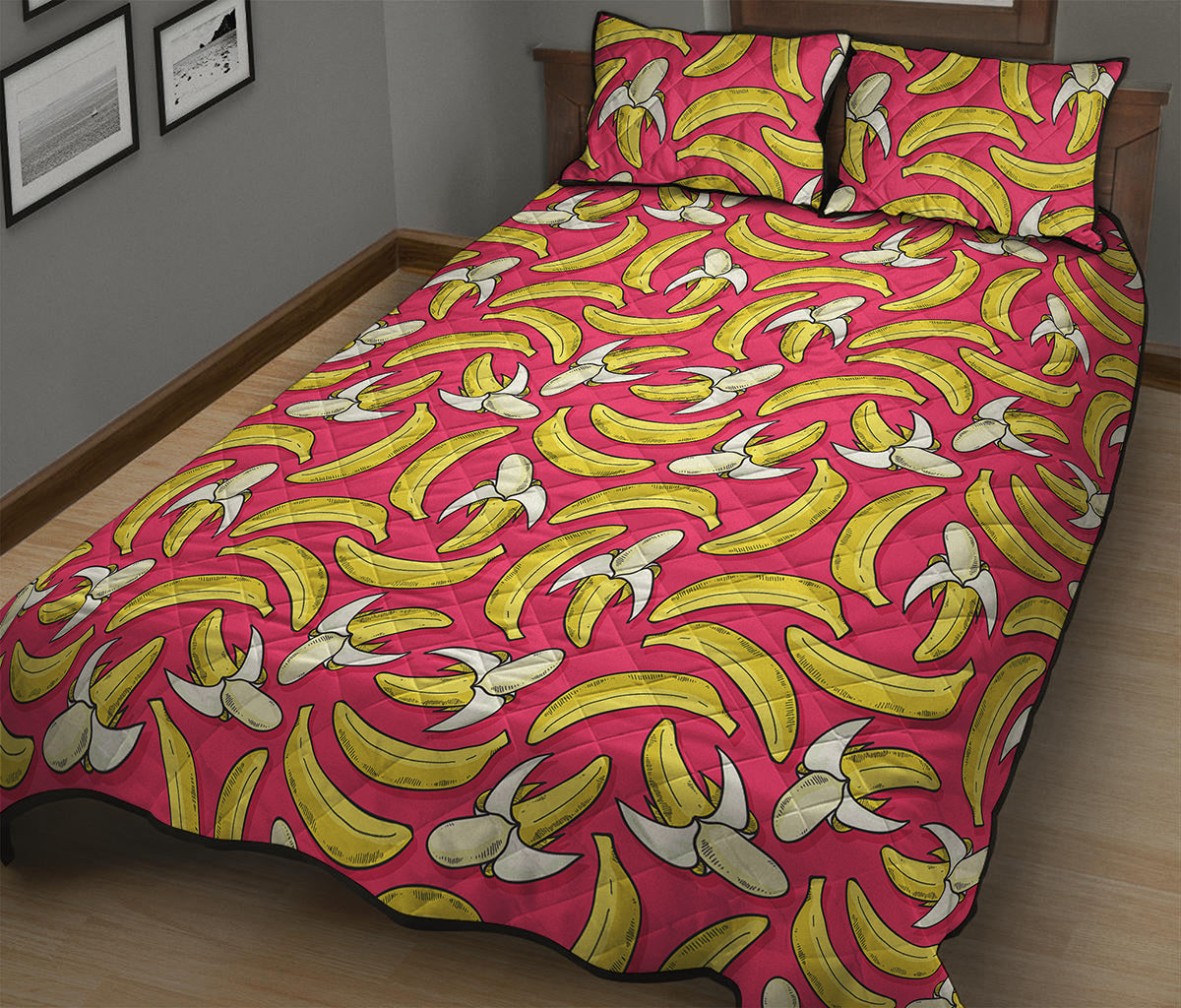 Pink Cartoon Banana Pattern Print Quilt Bed Set