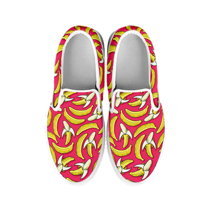 Pink Cartoon Banana Pattern Print White Slip On Shoes