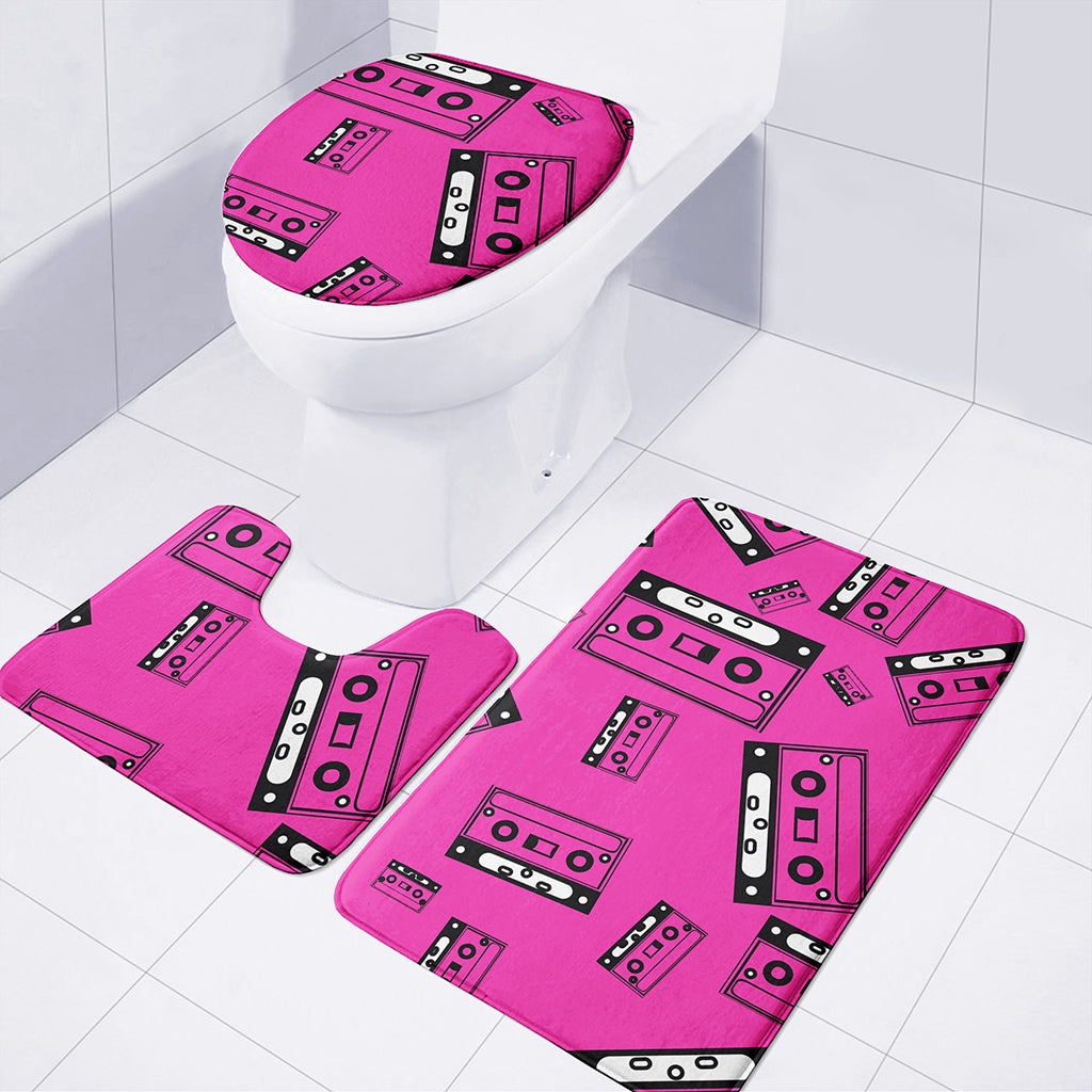 Pink Cassette Tape Pattern Print 3 Piece Bath Mat Set