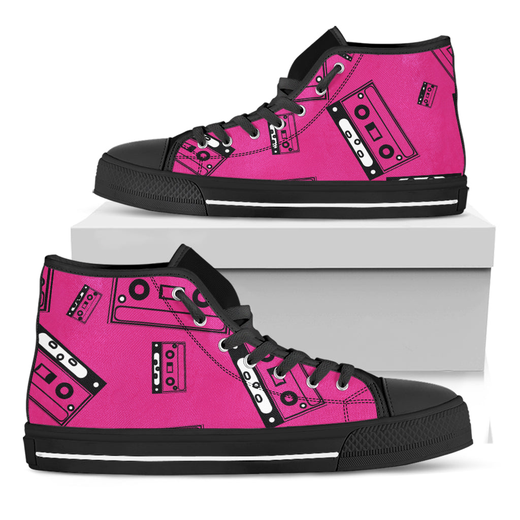 Pink Cassette Tape Pattern Print Black High Top Shoes