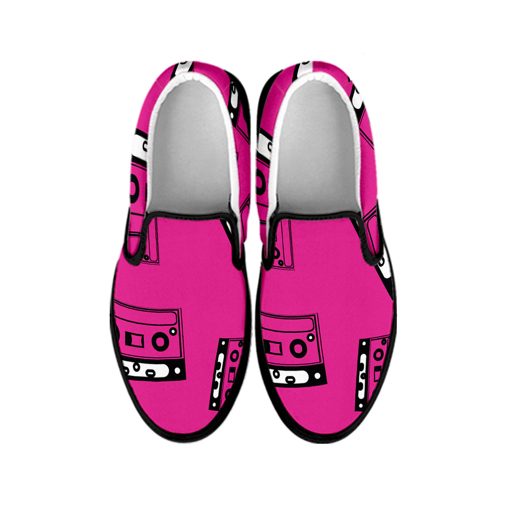 Pink Cassette Tape Pattern Print Black Slip On Shoes