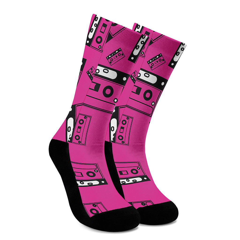 Pink Cassette Tape Pattern Print Crew Socks