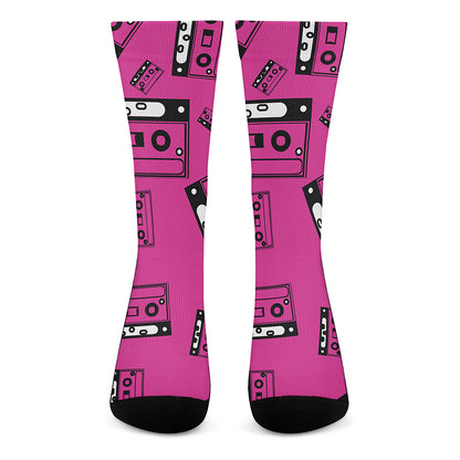Pink Cassette Tape Pattern Print Crew Socks