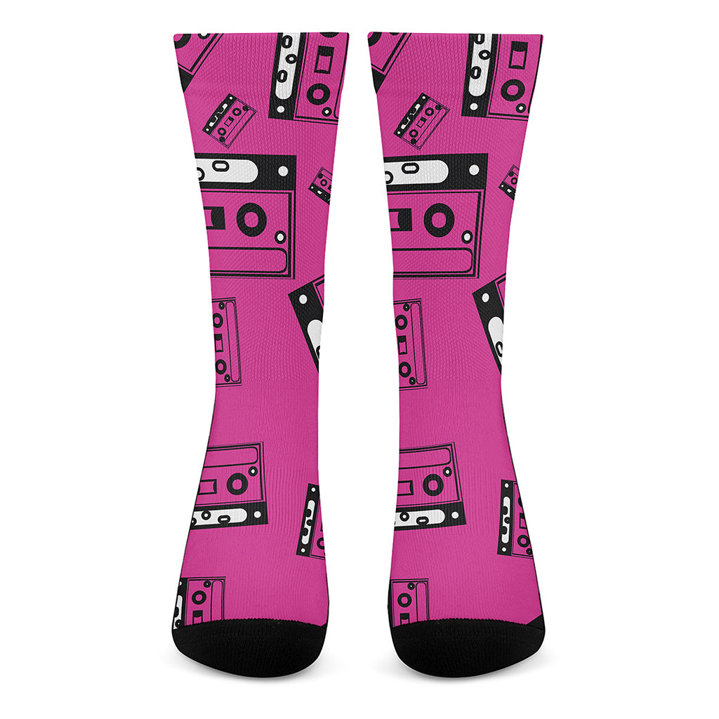 Pink Cassette Tape Pattern Print Crew Socks