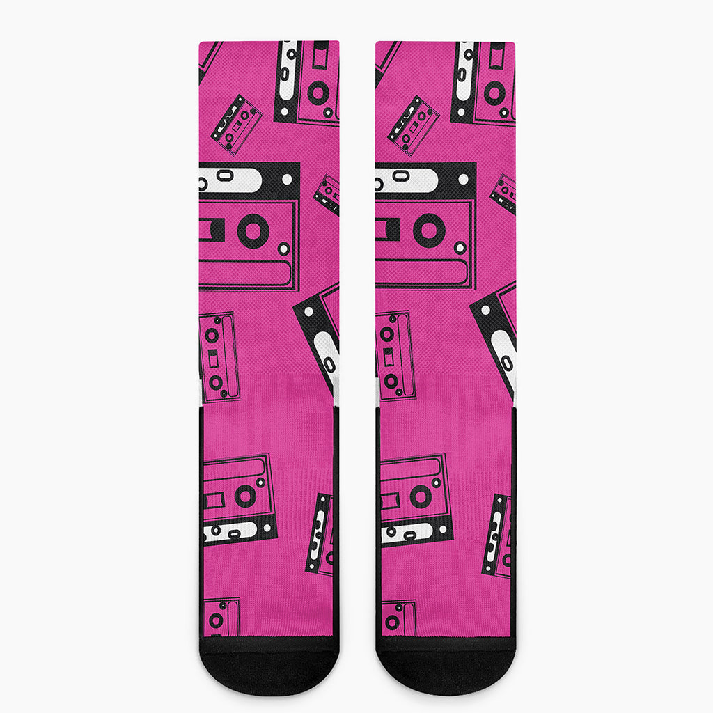 Pink Cassette Tape Pattern Print Crew Socks