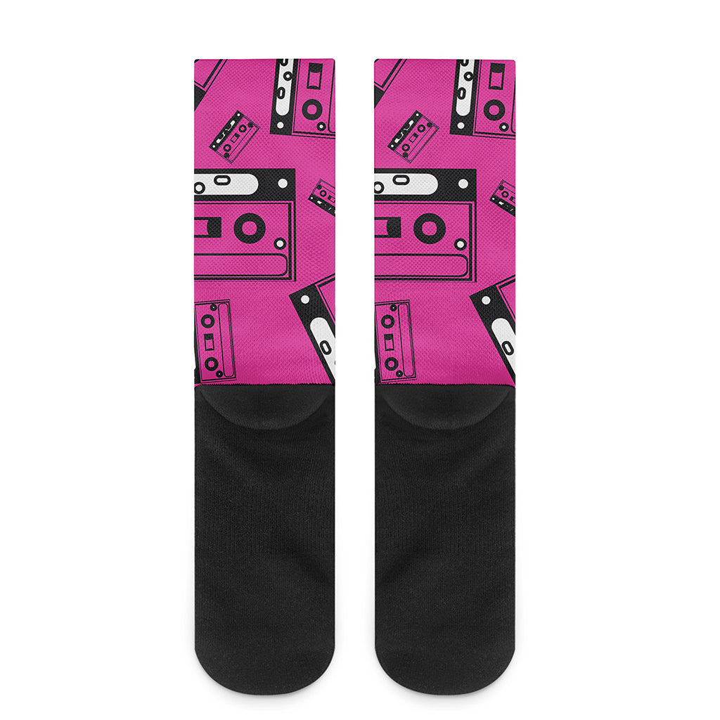 Pink Cassette Tape Pattern Print Crew Socks