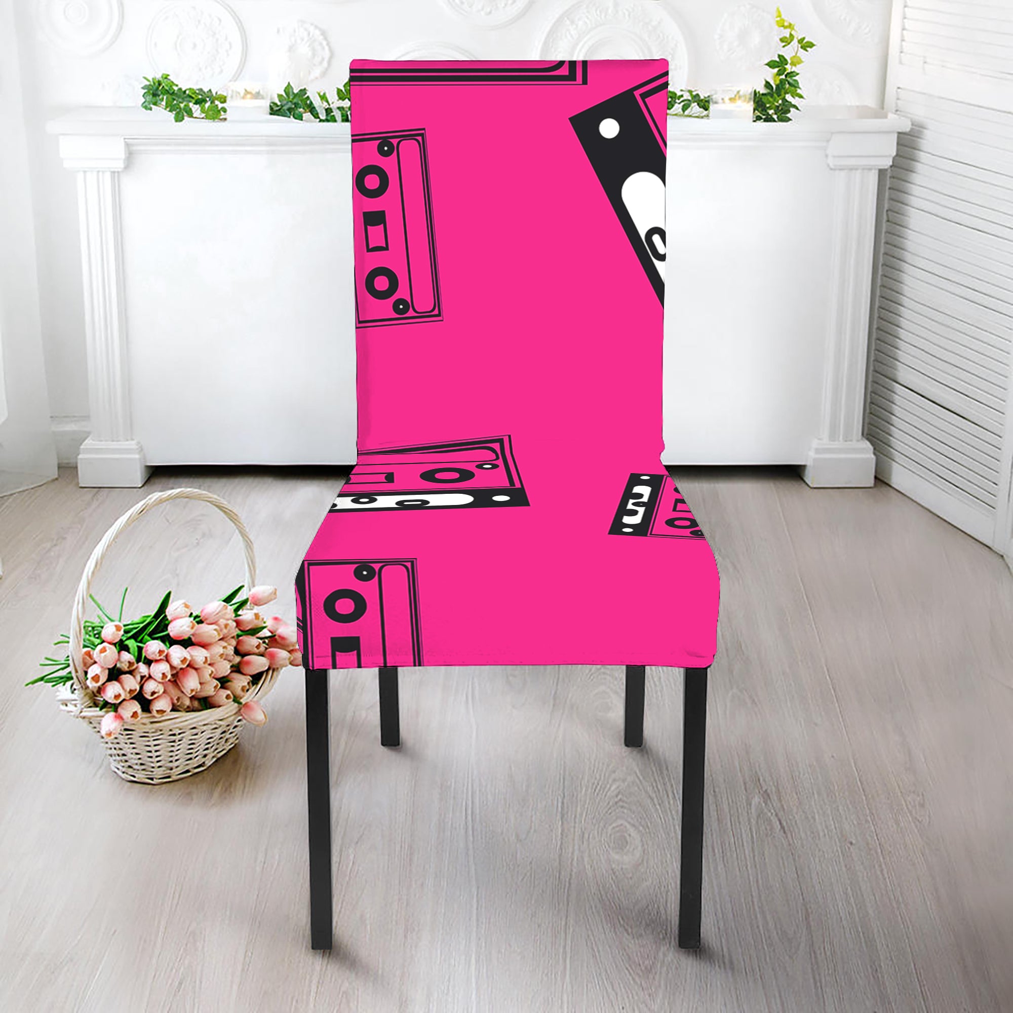 Pink Cassette Tape Pattern Print Dining Chair Slipcover