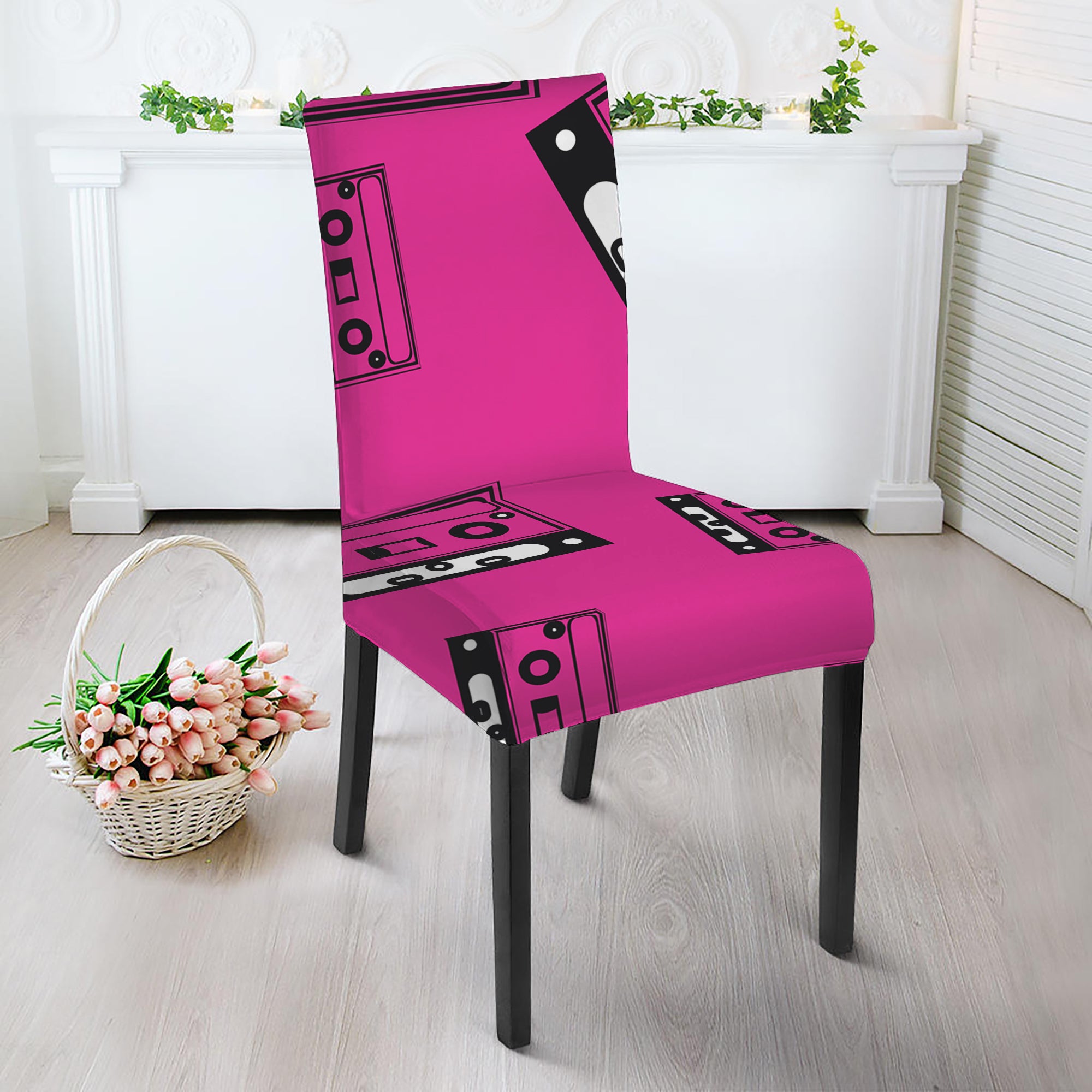 Pink Cassette Tape Pattern Print Dining Chair Slipcover