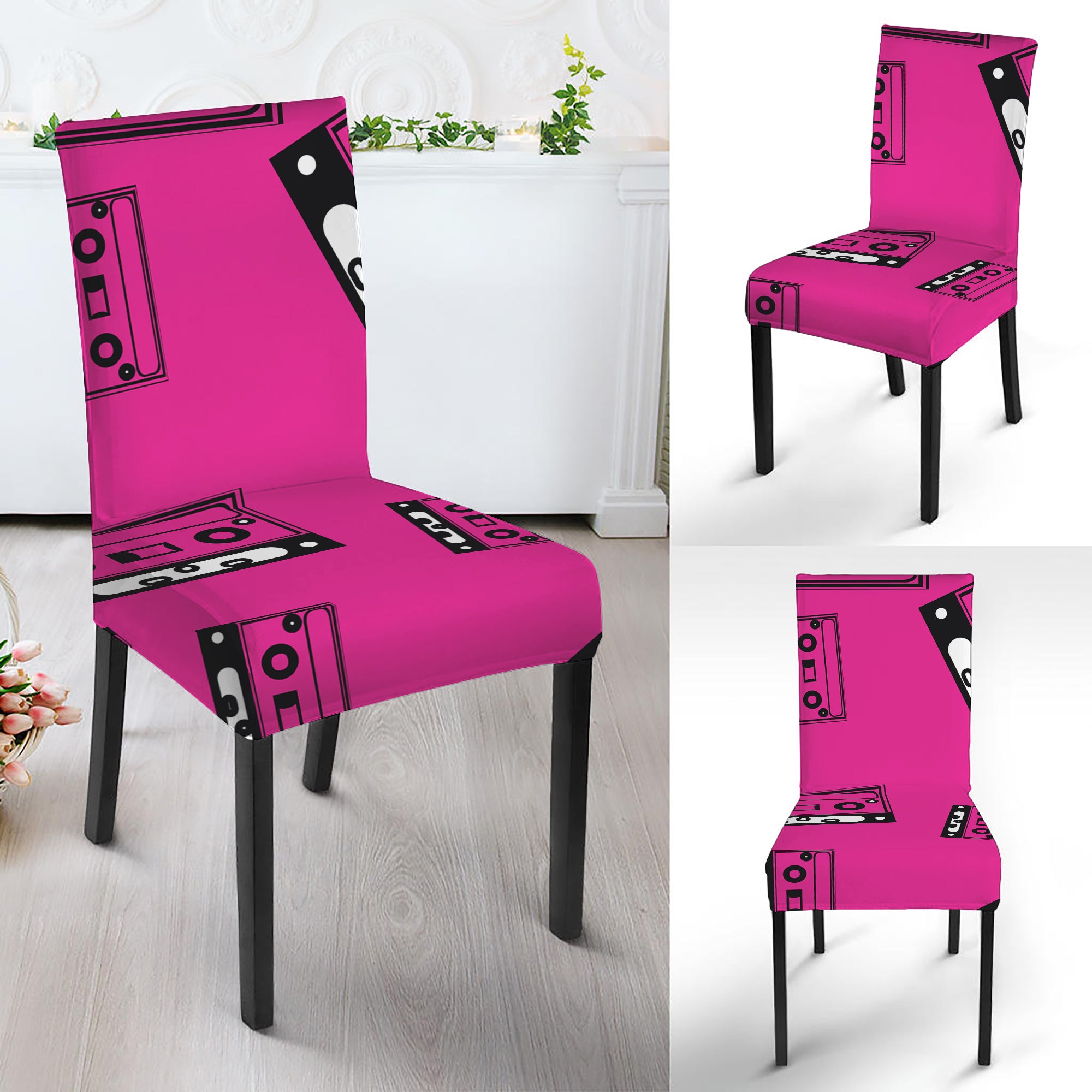 Pink Cassette Tape Pattern Print Dining Chair Slipcover