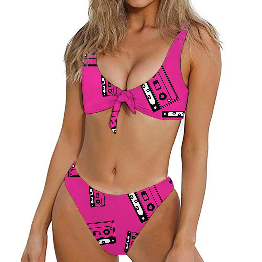 Pink Cassette Tape Pattern Print Front Bow Tie Bikini