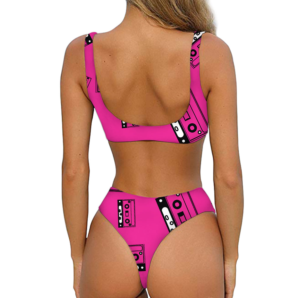 Pink Cassette Tape Pattern Print Front Bow Tie Bikini