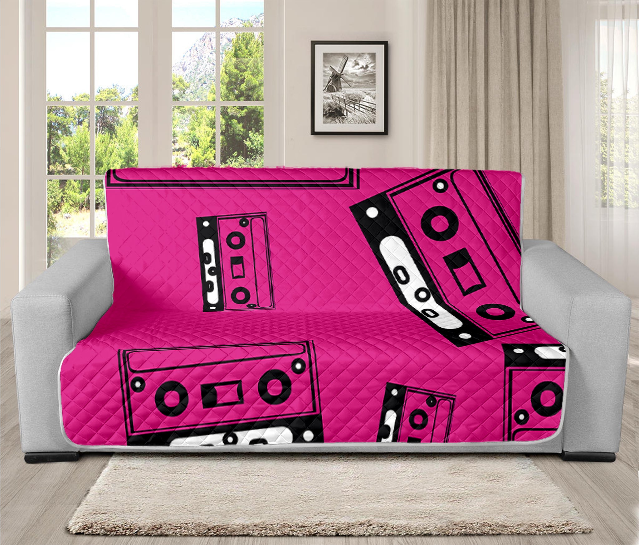 Pink Cassette Tape Pattern Print Futon Protector