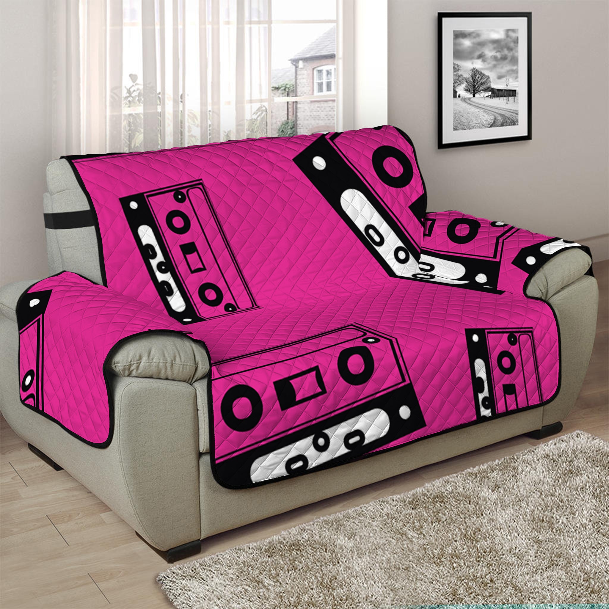 Pink Cassette Tape Pattern Print Half Sofa Protector