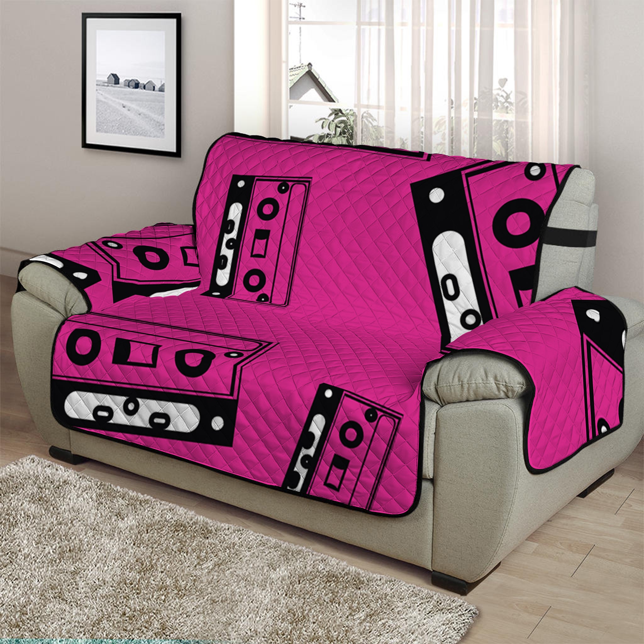 Pink Cassette Tape Pattern Print Half Sofa Protector