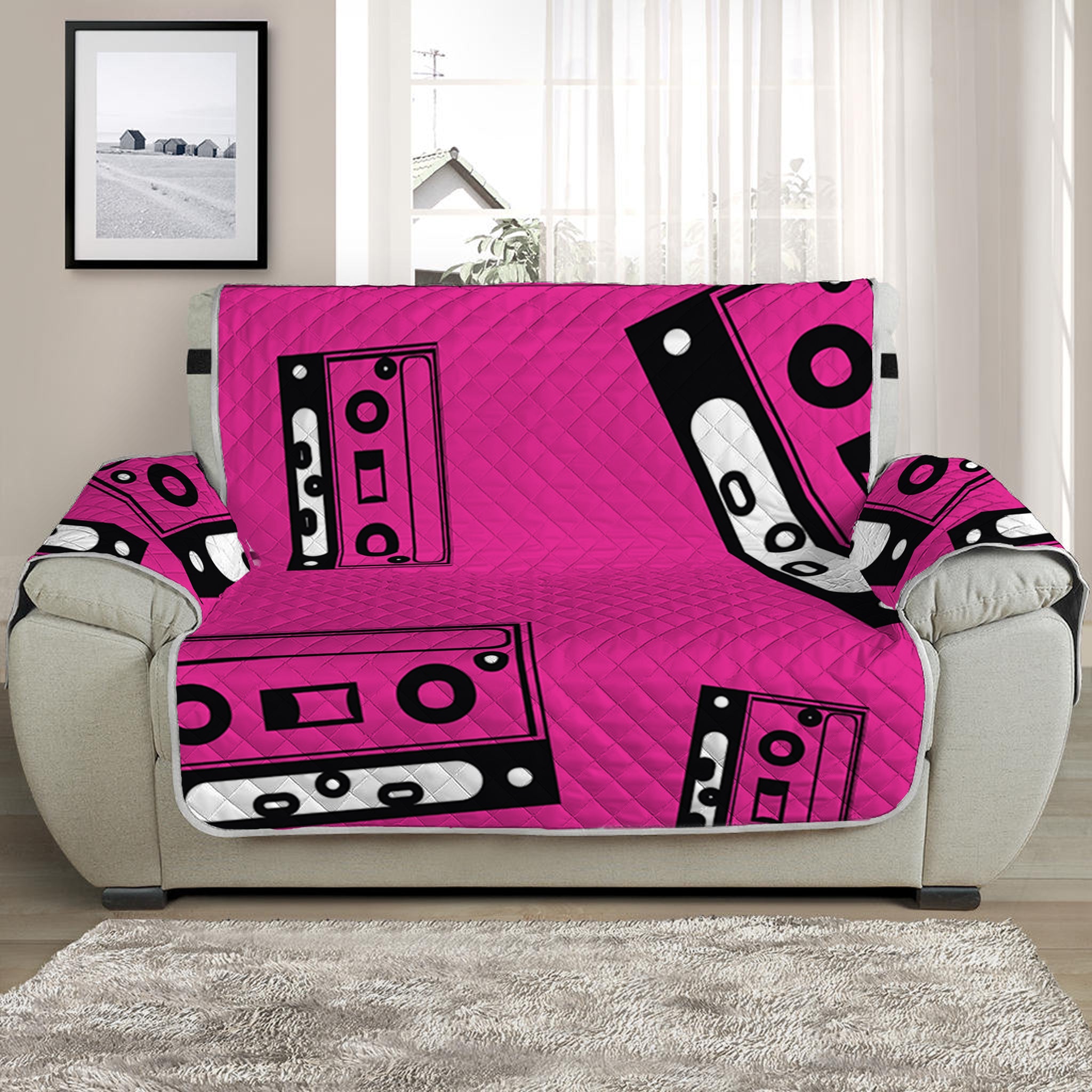 Pink Cassette Tape Pattern Print Half Sofa Protector