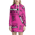 Pink Cassette Tape Pattern Print Pullover Hoodie Dress