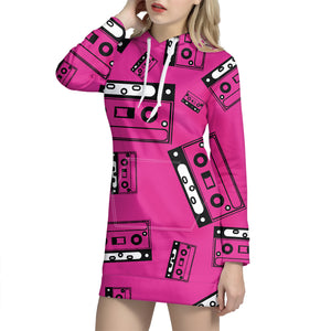 Pink Cassette Tape Pattern Print Hoodie Dress