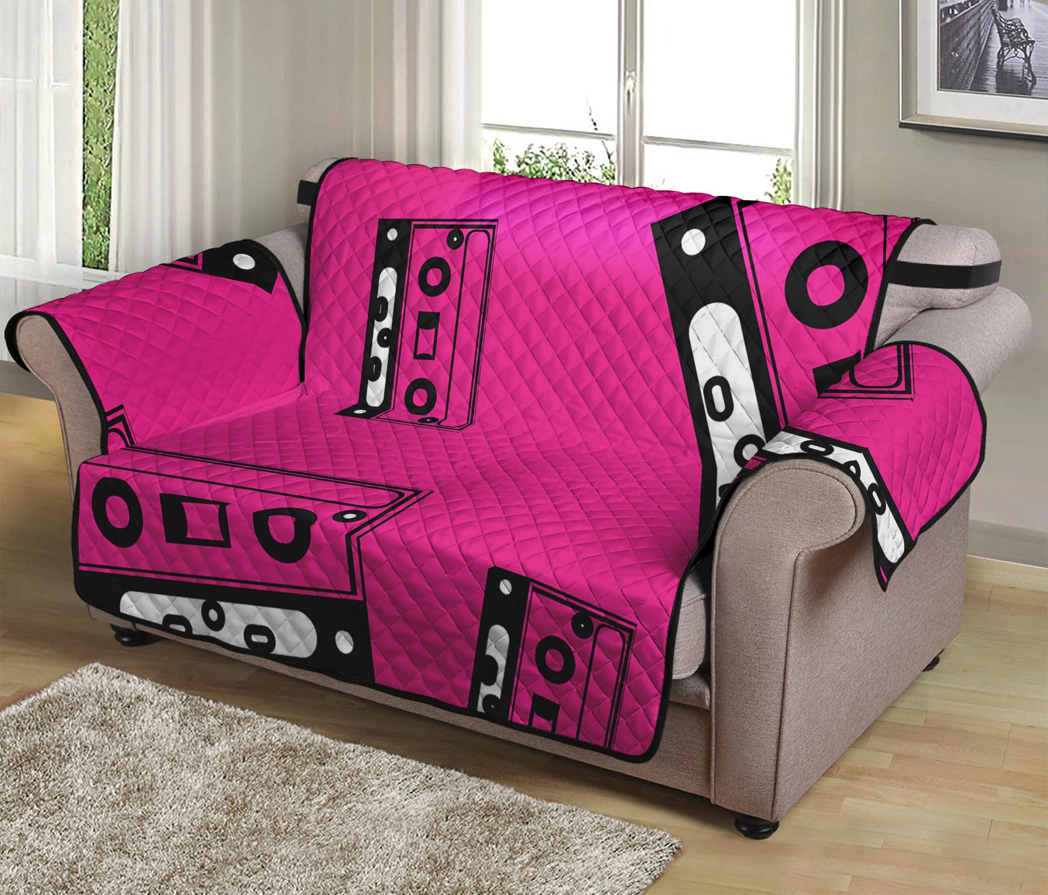 Pink Cassette Tape Pattern Print Loveseat Protector