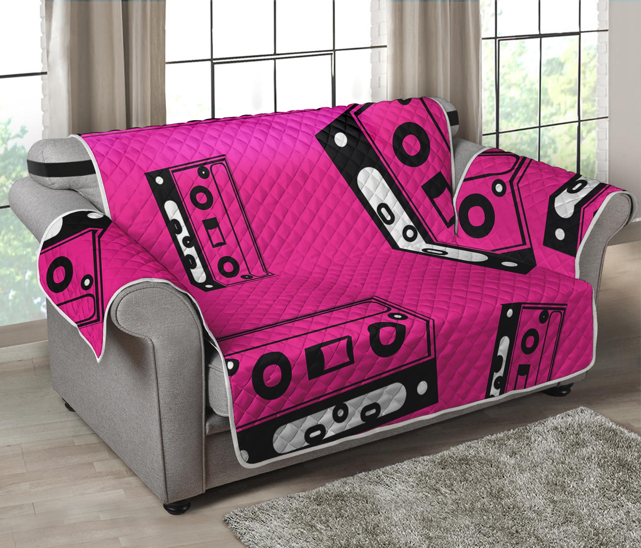 Pink Cassette Tape Pattern Print Loveseat Protector