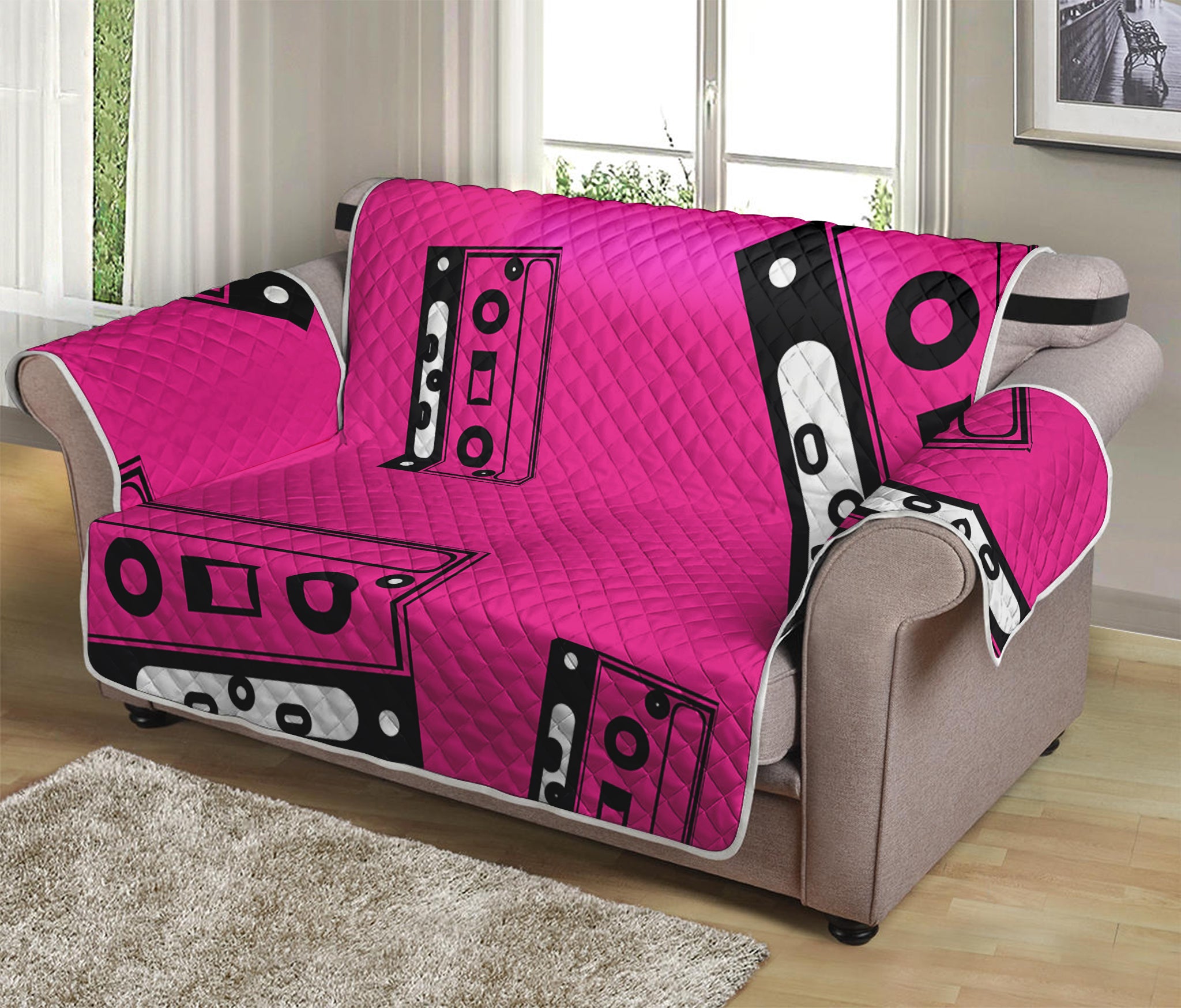 Pink Cassette Tape Pattern Print Loveseat Protector