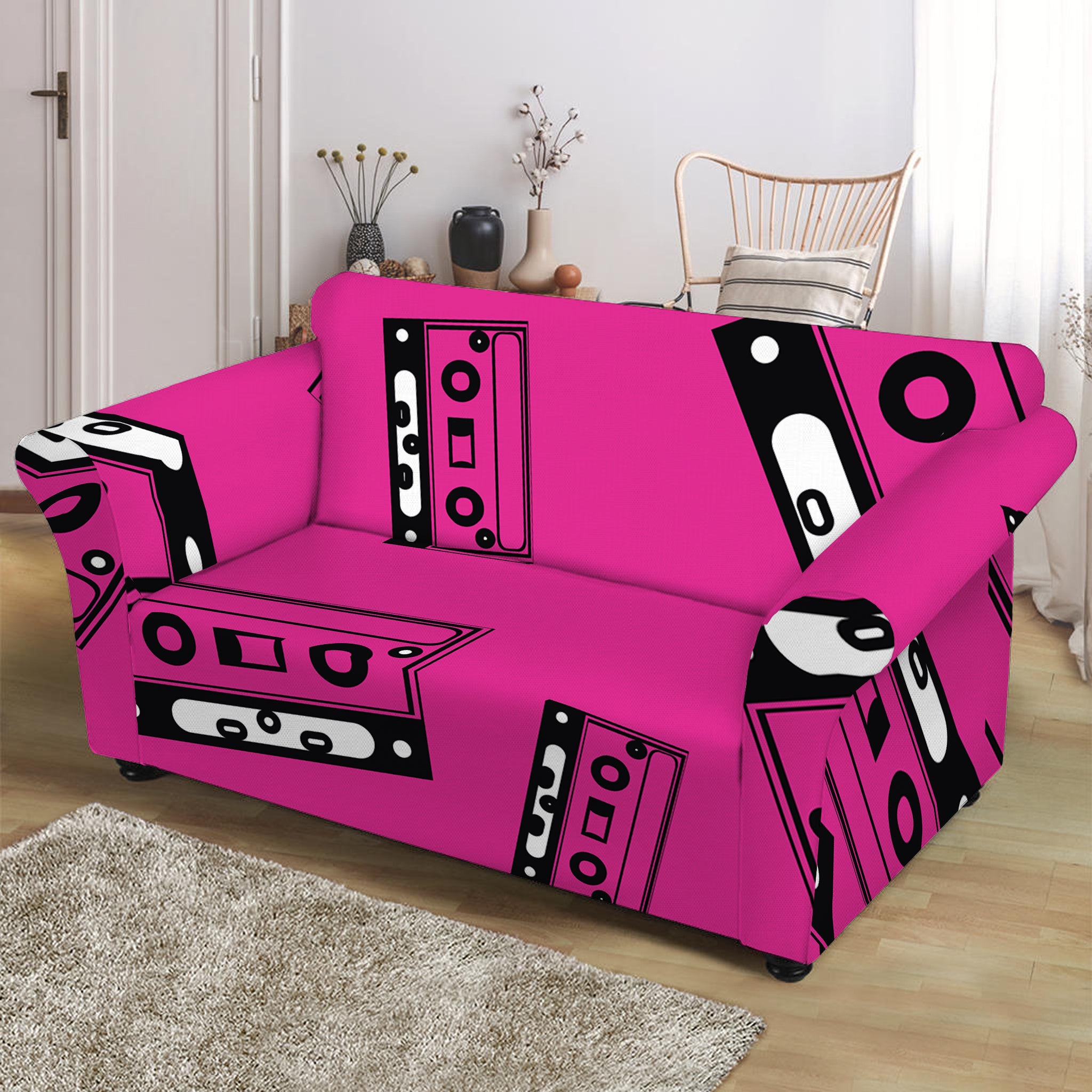 Pink Cassette Tape Pattern Print Loveseat Slipcover