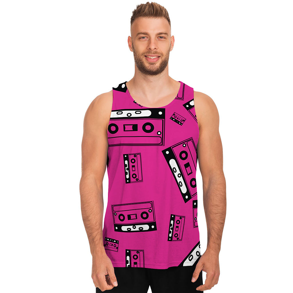 Pink Cassette Tape Pattern Print Men's Tank Top