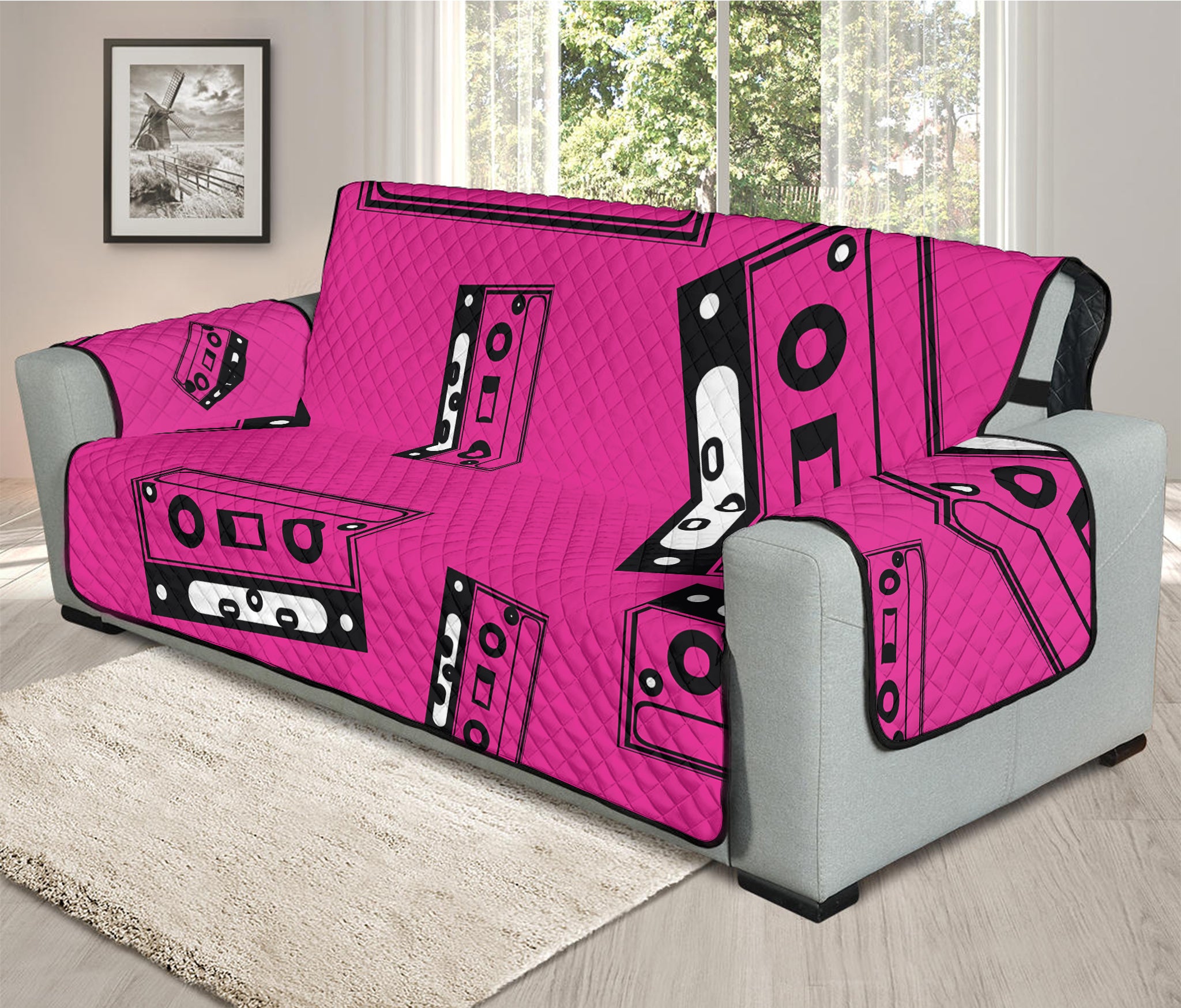 Pink Cassette Tape Pattern Print Oversized Sofa Protector