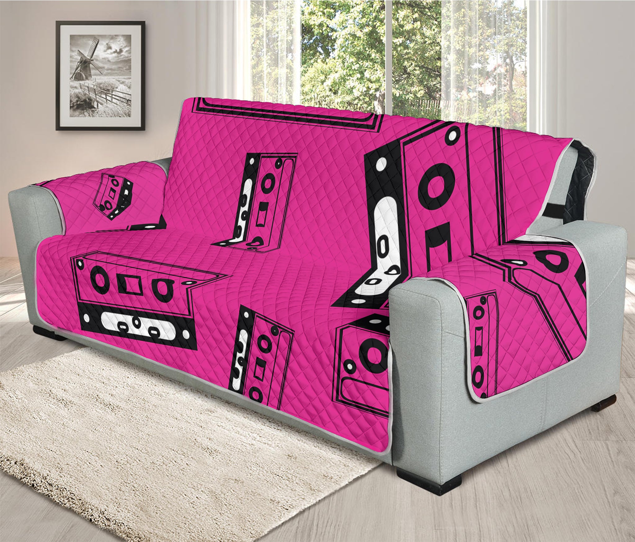 Pink Cassette Tape Pattern Print Oversized Sofa Protector