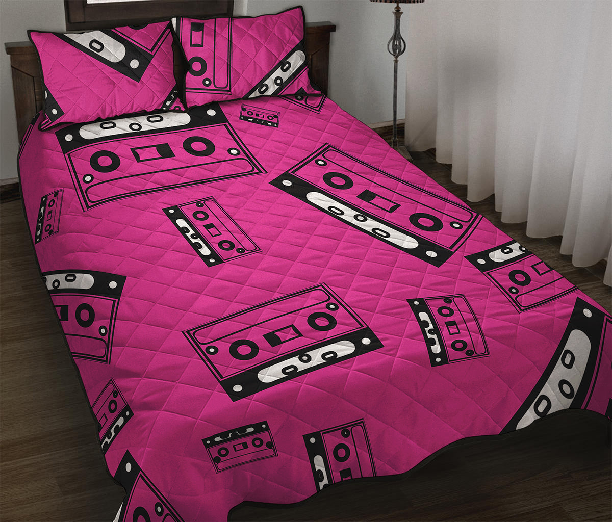 Pink Cassette Tape Pattern Print Quilt Bed Set