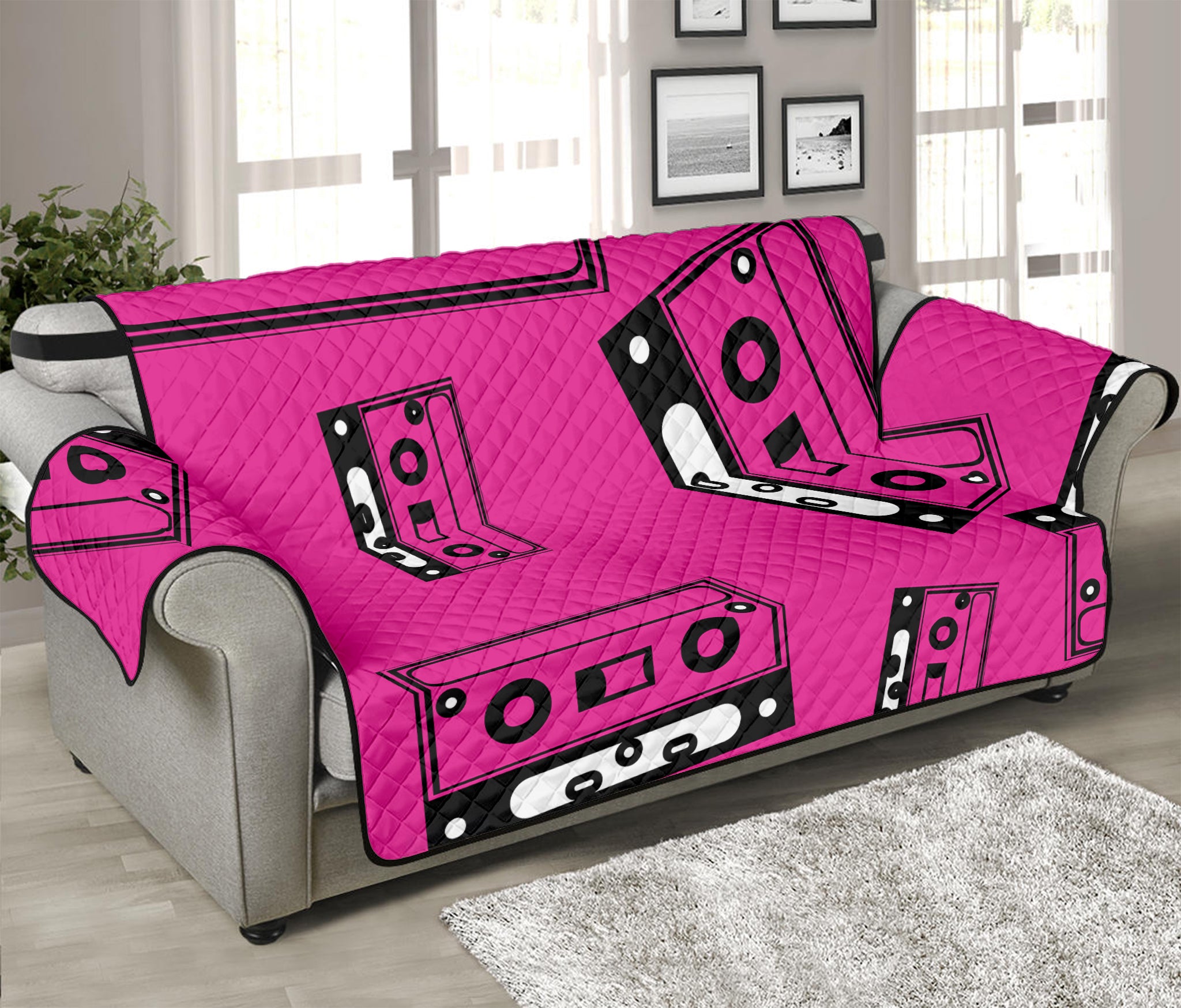 Pink Cassette Tape Pattern Print Sofa Protector