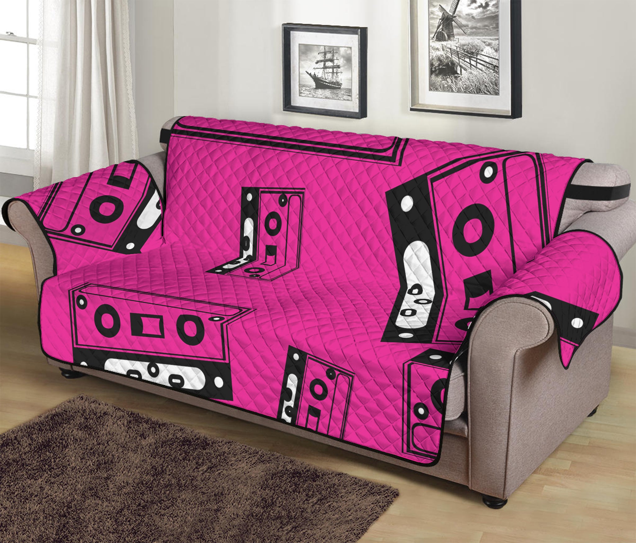 Pink Cassette Tape Pattern Print Sofa Protector