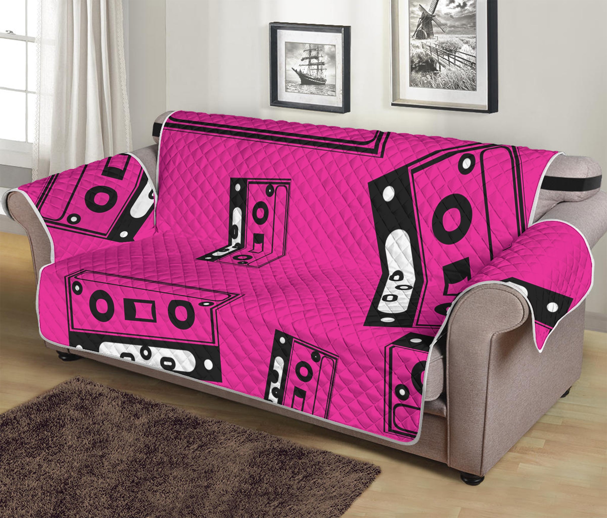 Pink Cassette Tape Pattern Print Sofa Protector