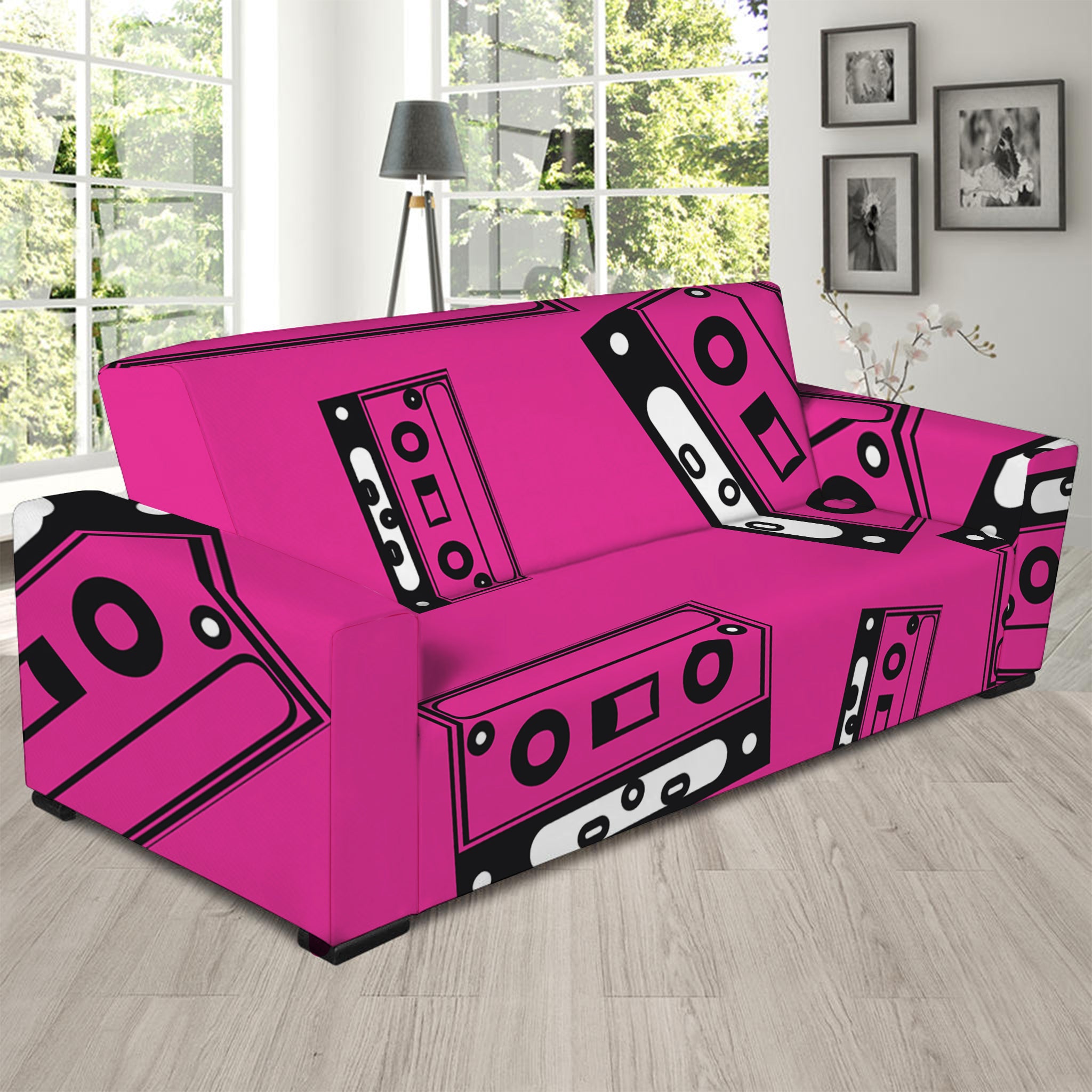 Pink Cassette Tape Pattern Print Sofa Slipcover