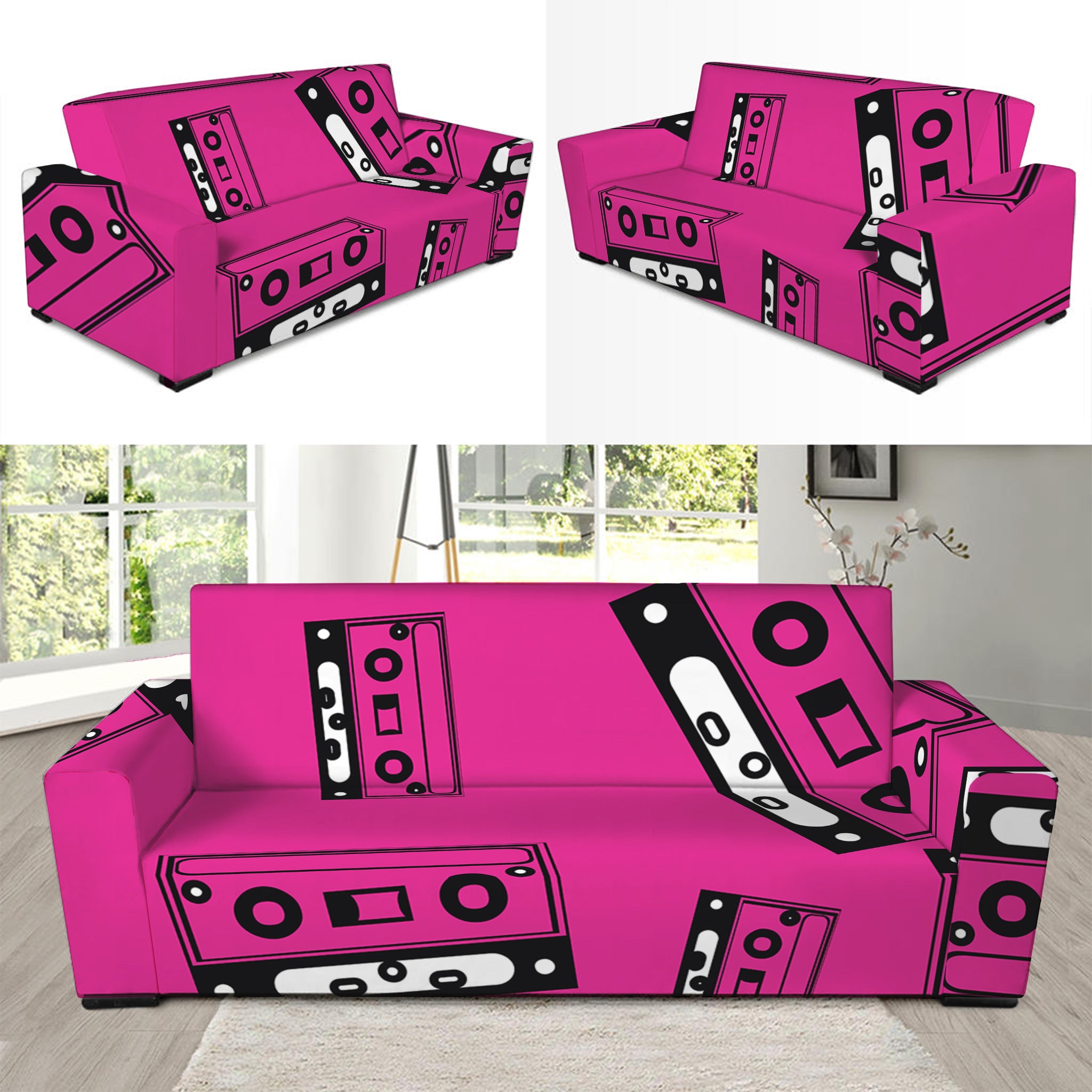 Pink Cassette Tape Pattern Print Sofa Slipcover