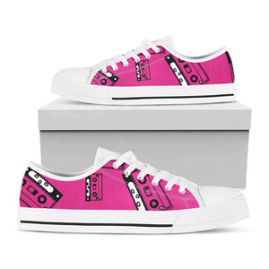 Pink Cassette Tape Pattern Print White Low Top Shoes