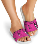 Pink Cassette Tape Pattern Print White Slide Sandals