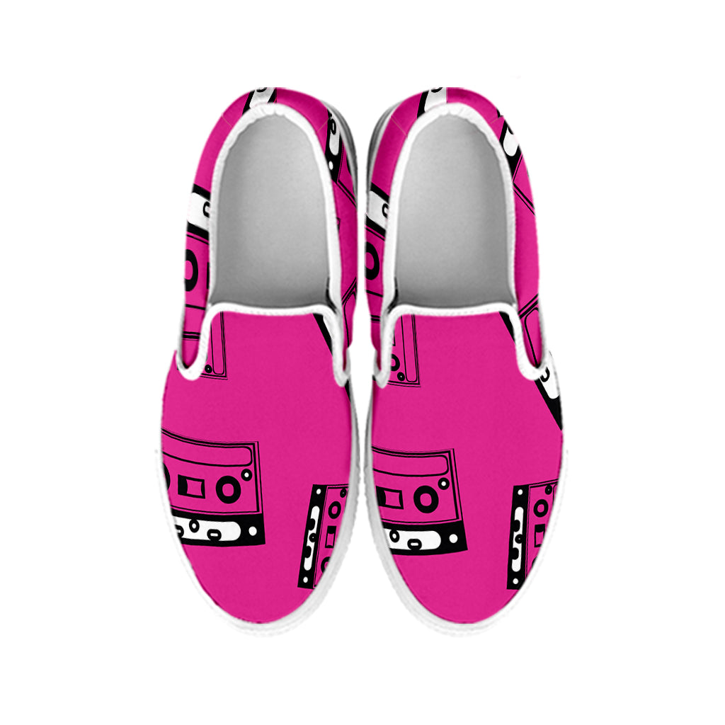 Pink Cassette Tape Pattern Print White Slip On Shoes