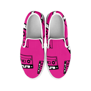 Pink Cassette Tape Pattern Print White Slip On Shoes