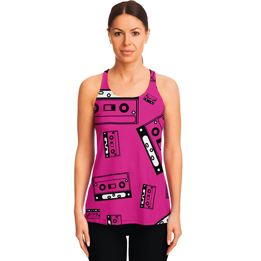 Pink Cassette Tape Pattern Print Women's Racerback Tank Top