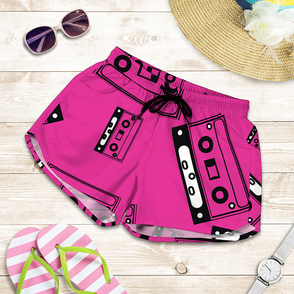 Pink Cassette Tape Pattern Print Women's Shorts