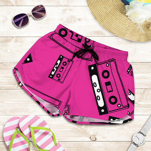 Pink Cassette Tape Pattern Print Women's Shorts