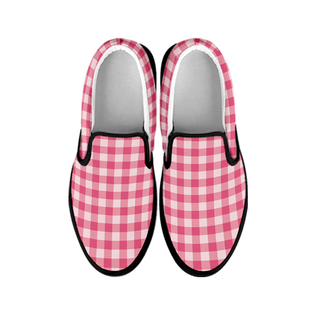 Pink Check Pattern Print Black Slip On Shoes