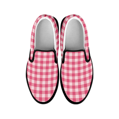 Pink Check Pattern Print Black Slip On Shoes