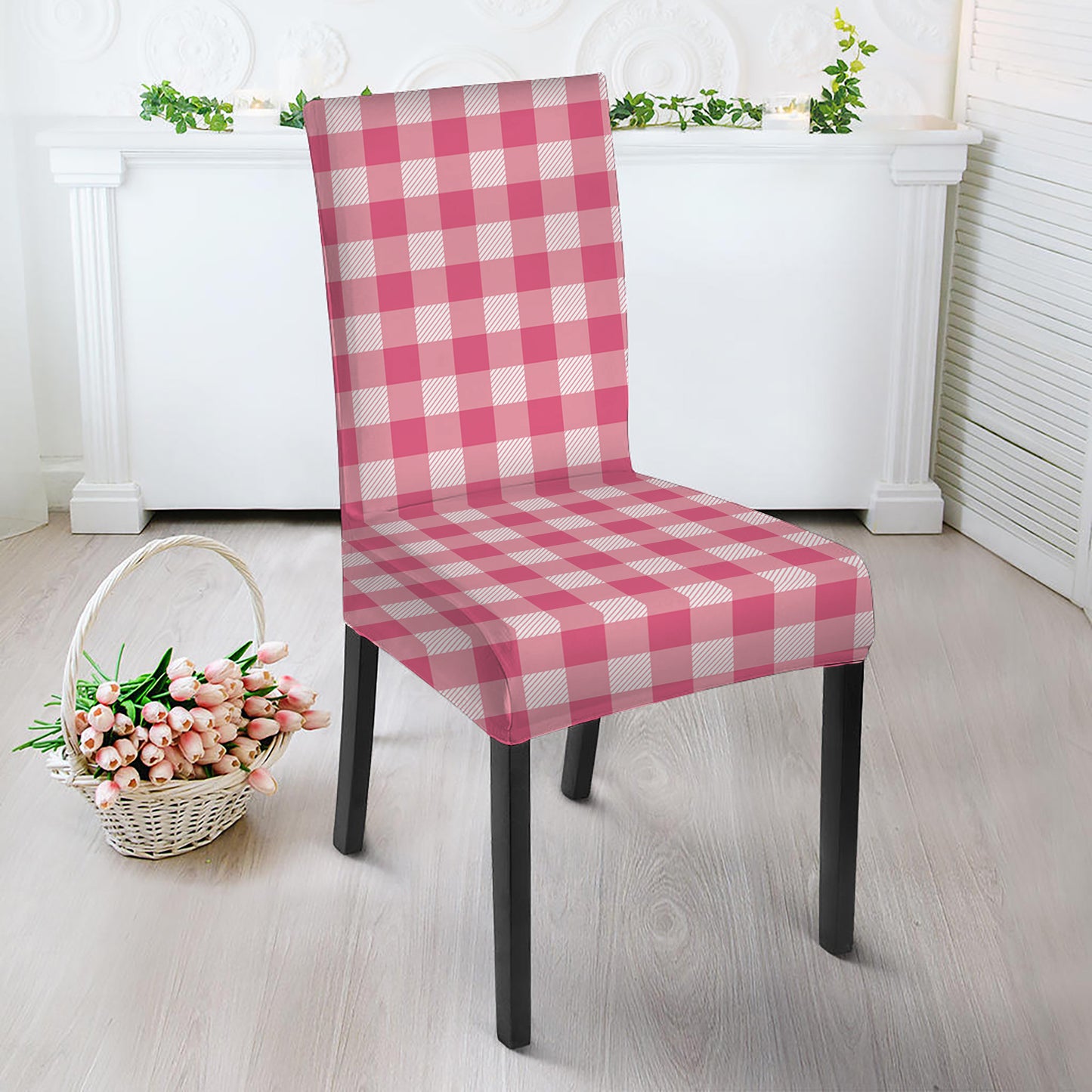 Pink Check Pattern Print Dining Chair Slipcover
