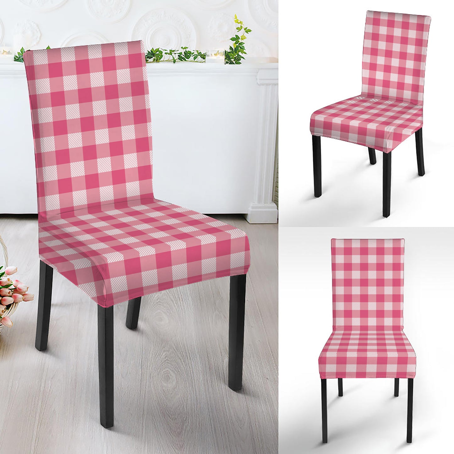 Pink Check Pattern Print Dining Chair Slipcover